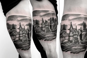 Guy in a cape, looking at a castle from a cliff tattoo idea
