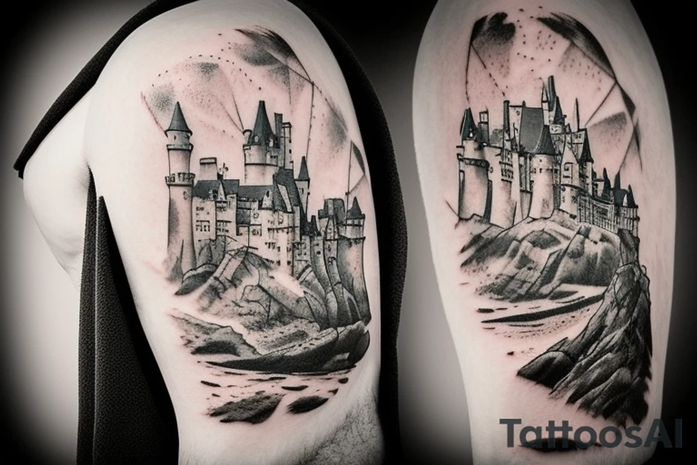 Guy in a cape, looking at a castle from a cliff tattoo idea