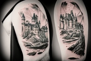 Guy in a cape, looking at a castle from a cliff tattoo idea