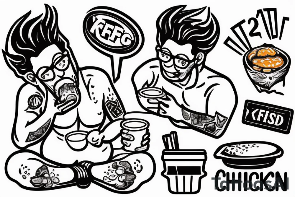 A bored man sitting at a computer eating KFC chicken tattoo idea