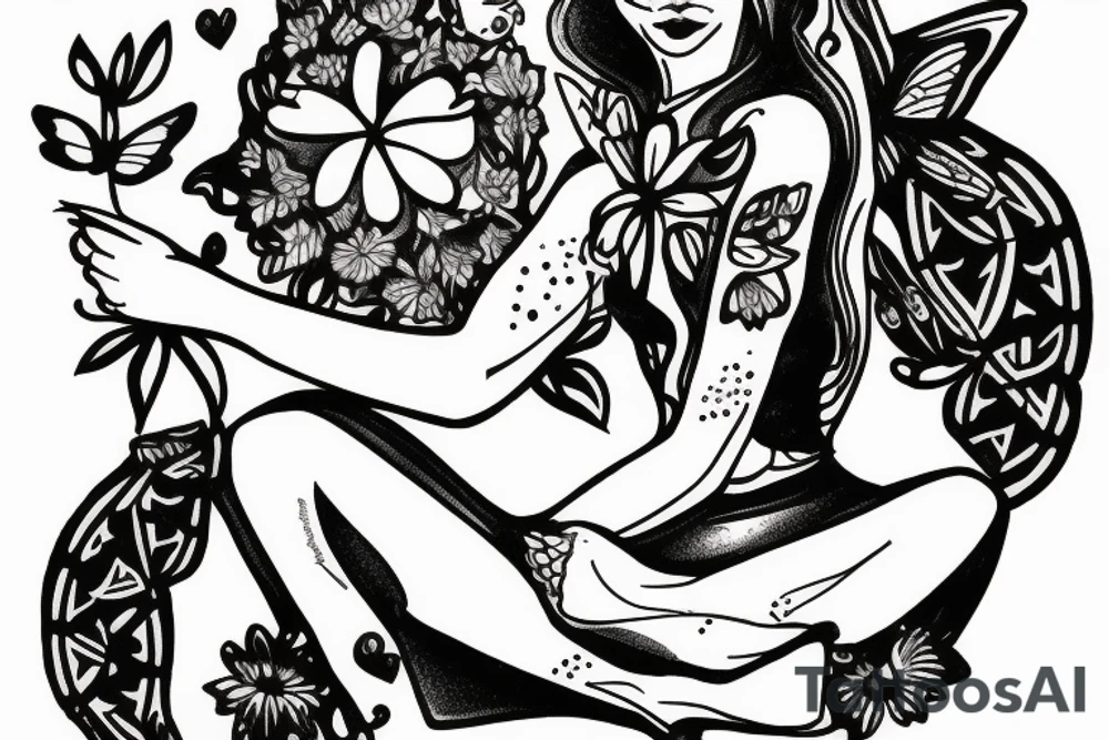 libra woman with 4 arms holding bugs flowers and animals while sitting cross legged tattoo idea