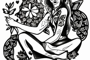 libra woman with 4 arms holding bugs flowers and animals while sitting cross legged tattoo idea