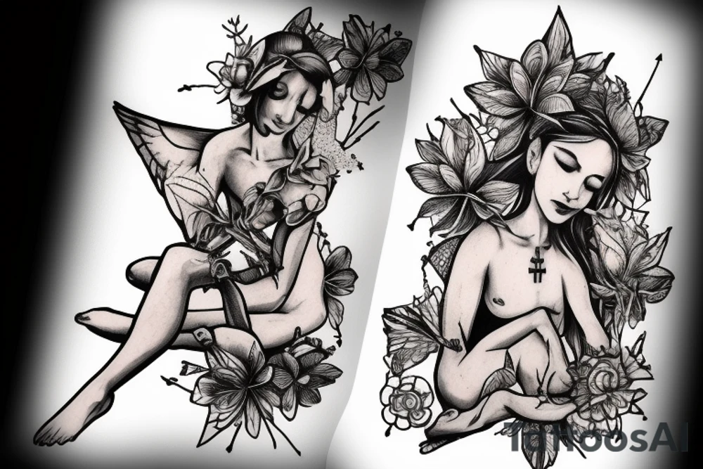 libra woman with 4 arms holding bugs flowers and animals while sitting cross legged tattoo idea
