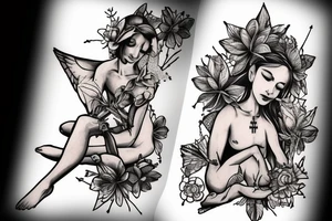 libra woman with 4 arms holding bugs flowers and animals while sitting cross legged tattoo idea