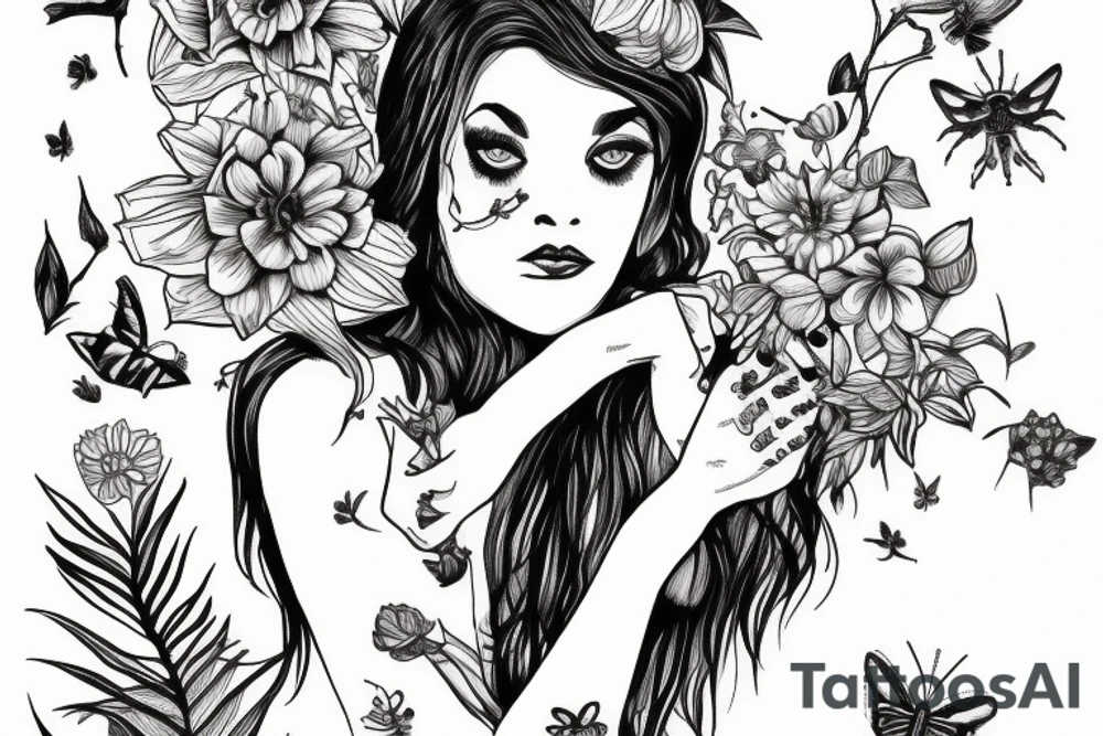 libra woman with 4 arms holding bugs flowers and animals while sitting cross legged tattoo idea