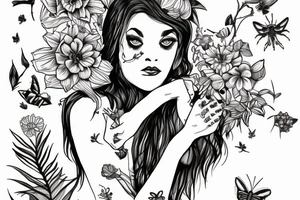 libra woman with 4 arms holding bugs flowers and animals while sitting cross legged tattoo idea