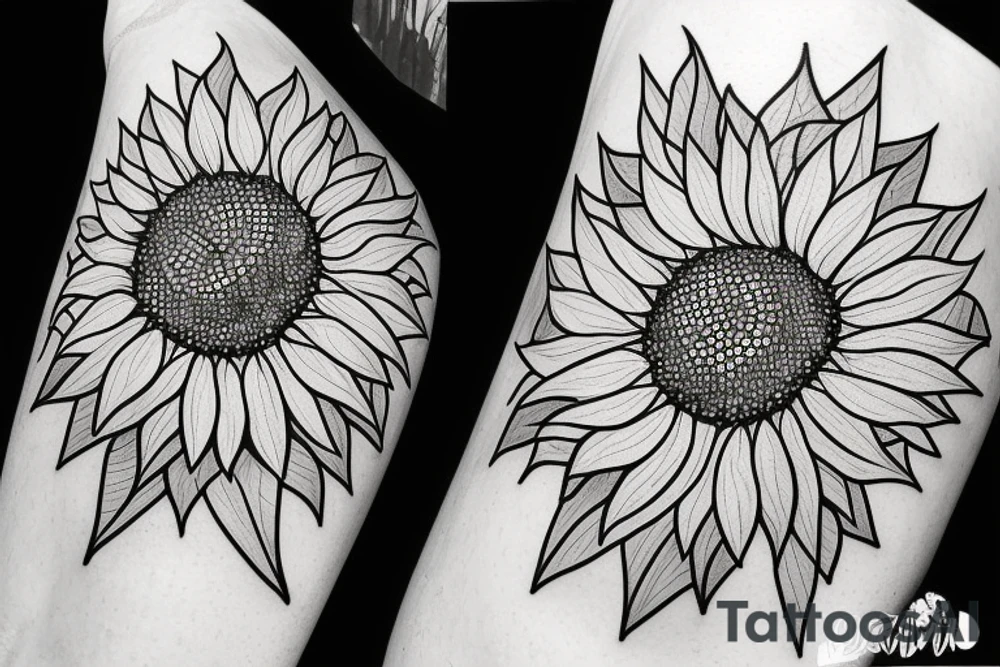 sunflower, dots, leaves around sunflower, triangle tattoo idea