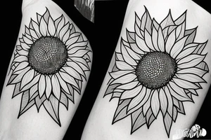 sunflower, dots, leaves around sunflower, triangle tattoo idea