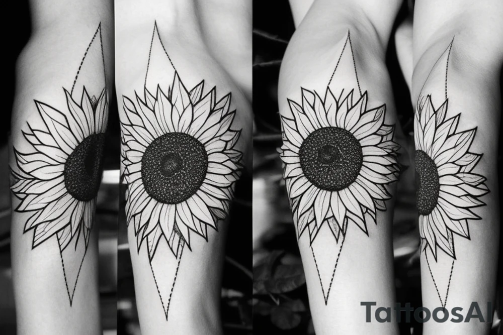 sunflower, dots, leaves around sunflower, triangle tattoo idea