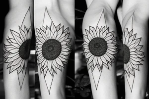 sunflower, dots, leaves around sunflower, triangle tattoo idea