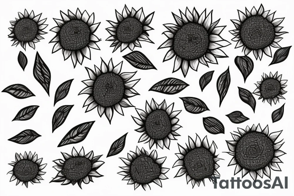 sunflower inside triangle, leaves falling down and spreading around the flower black dots tattoo idea