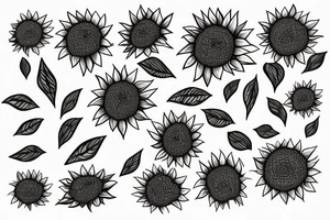 sunflower inside triangle, leaves falling down and spreading around the flower black dots tattoo idea