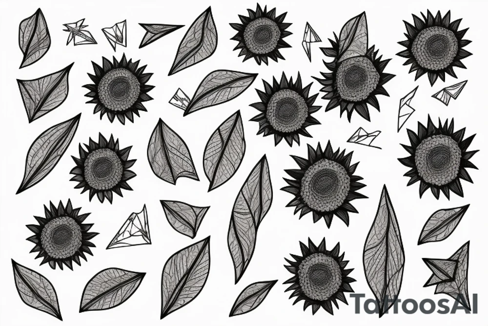 sunflower inside triangle, few triangles, leaves falling down and spreading around the flower black dots tattoo idea