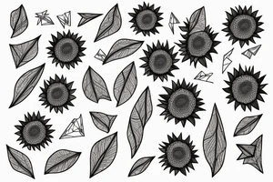 sunflower inside triangle, few triangles, leaves falling down and spreading around the flower black dots tattoo idea