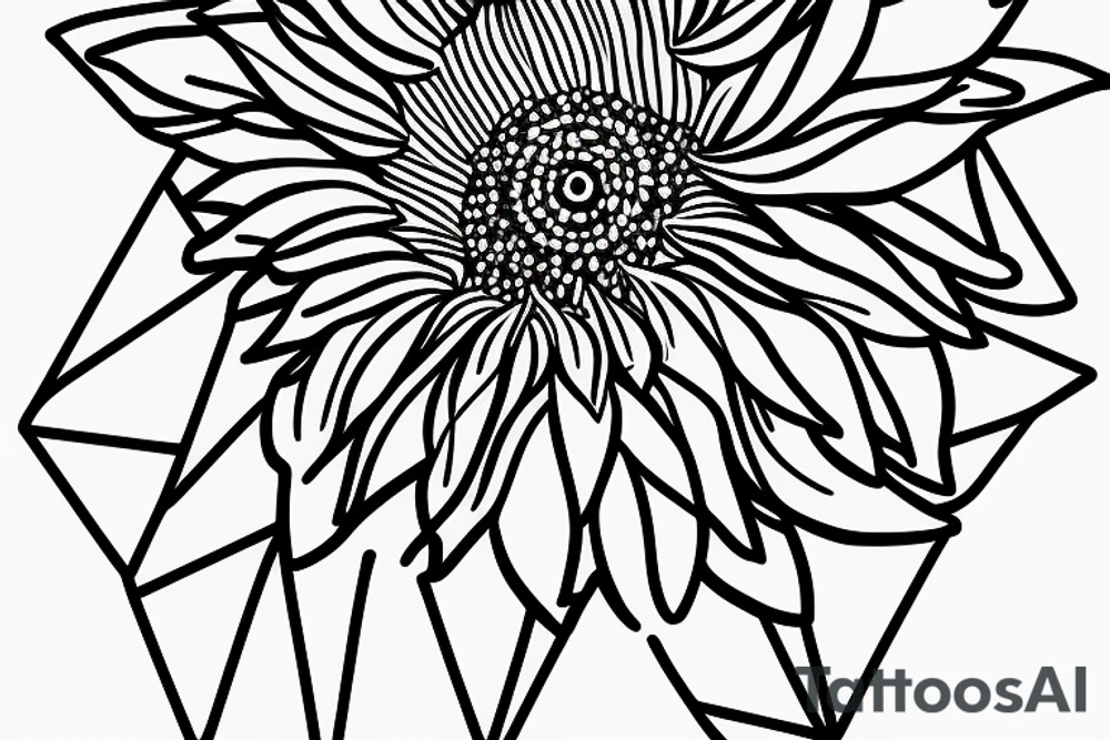 sunflower inside triangle, few triangles, leaves falling down and spreading around the flower black dots tattoo idea