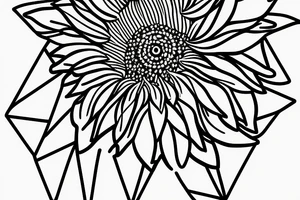 sunflower inside triangle, few triangles, leaves falling down and spreading around the flower black dots tattoo idea