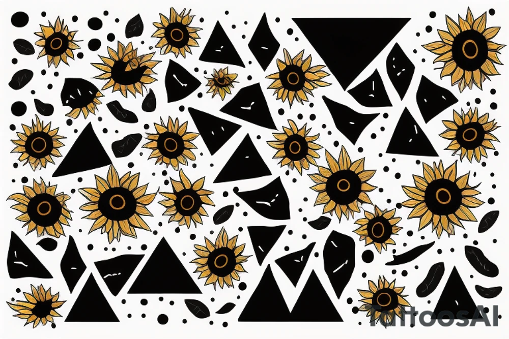 sunflower inside triangle, few triangles, leaves falling down and spreading around the flower black dots tattoo idea