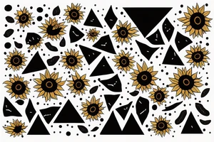 sunflower inside triangle, few triangles, leaves falling down and spreading around the flower black dots tattoo idea