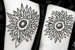 sunflower inside triangle, few triangles, leaves falling down and spreading around the flower black dots tattoo idea