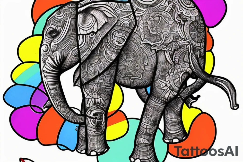 an elephant riding a rainbow eating a lollipop tattoo idea