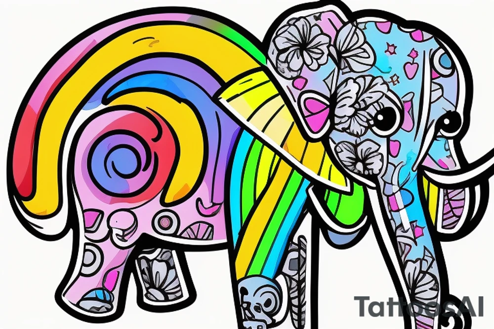an elephant riding a rainbow eating a lollipop tattoo idea