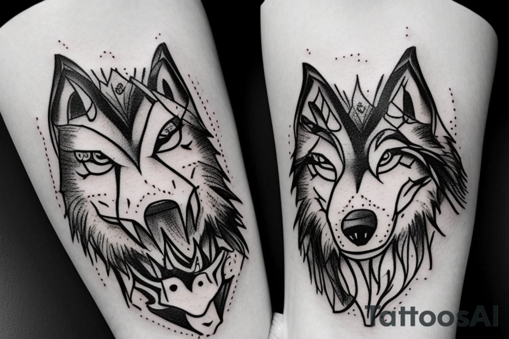 scary wolf growling at top of mountain with fire and rain tattoo idea