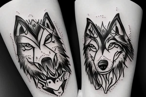 scary wolf growling at top of mountain with fire and rain tattoo idea