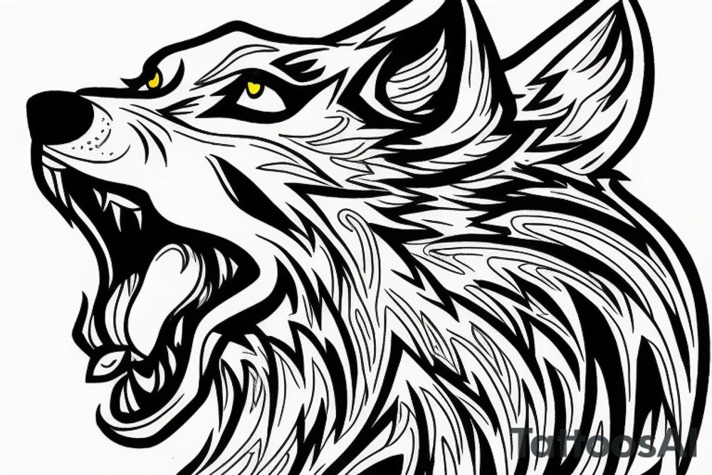 scary wolf growling at top of mountain with fire and rain tattoo idea