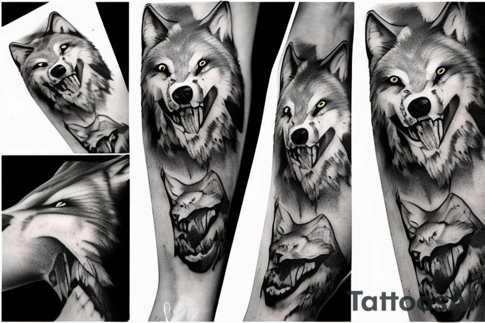 wolf growling at top of mountain tattoo idea