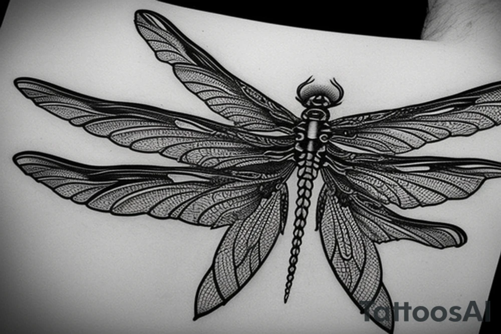 detailed exotic dragonfly with wings on fire realistic tattoo idea