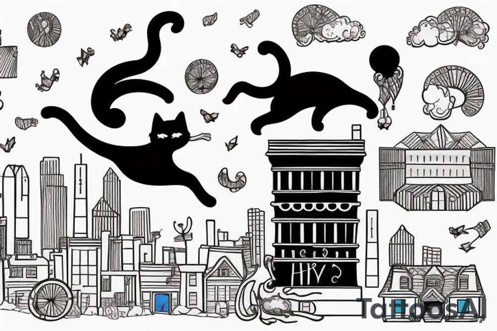 cat jumping over a chimney with a san francisco skyline tattoo idea
