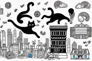 cat jumping over a chimney with a san francisco skyline tattoo idea