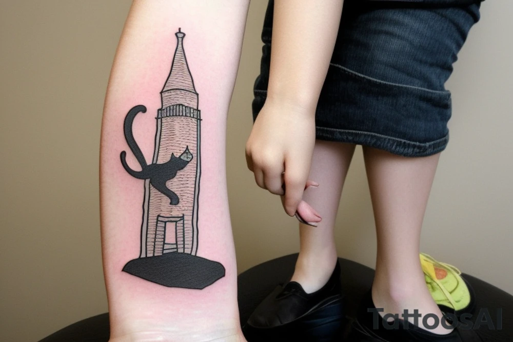 cat jumping over a chimney with a san francisco skyline tattoo idea