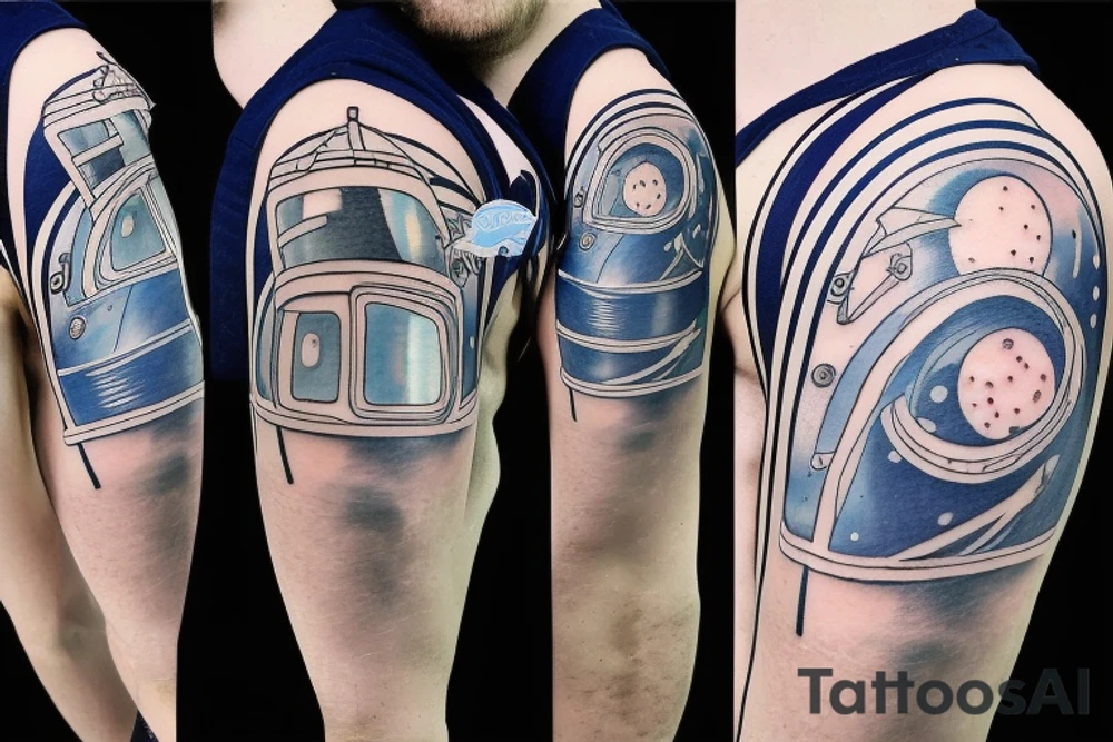 Astronaut with moon for his head holding a space helmet balloon tattoo idea