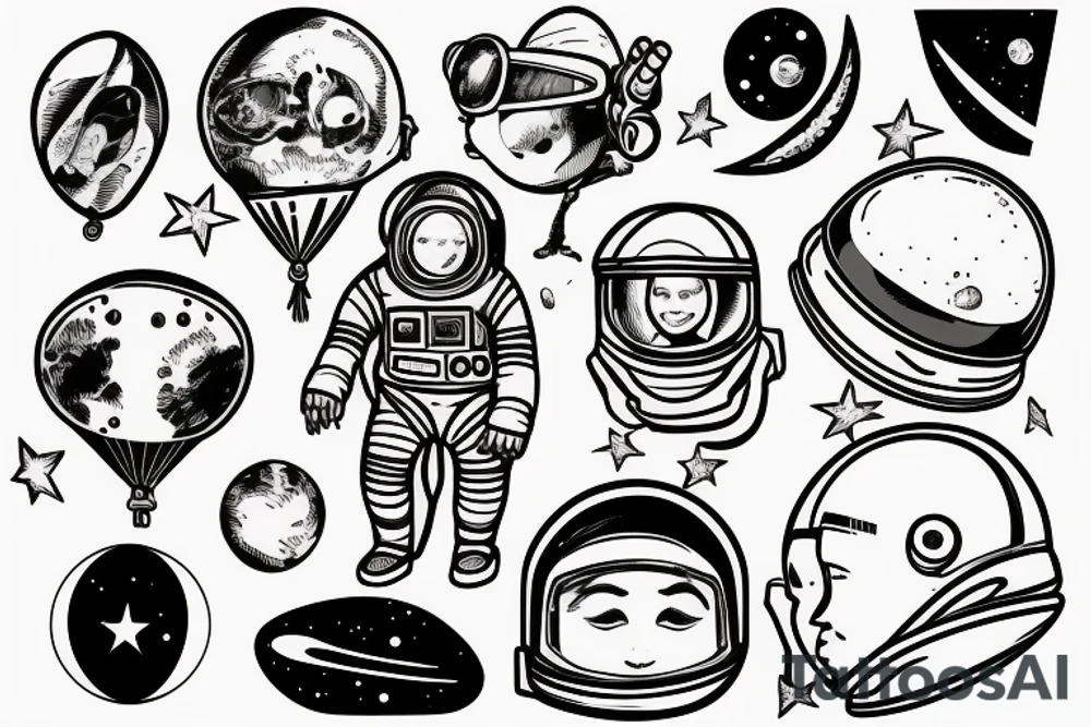 Astronaut with moon for his head holding a space helmet balloon tattoo idea