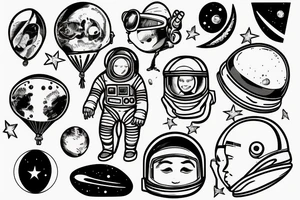 Astronaut with moon for his head holding a space helmet balloon tattoo idea