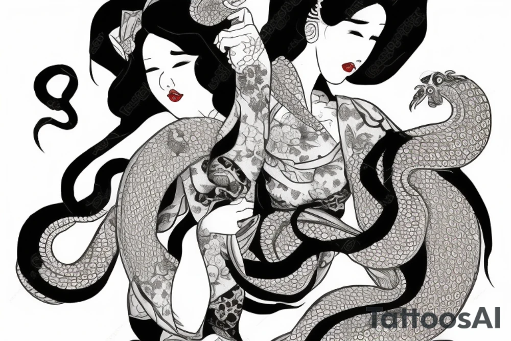 Geisha with tentacles wearing dragon kimono tattoo idea