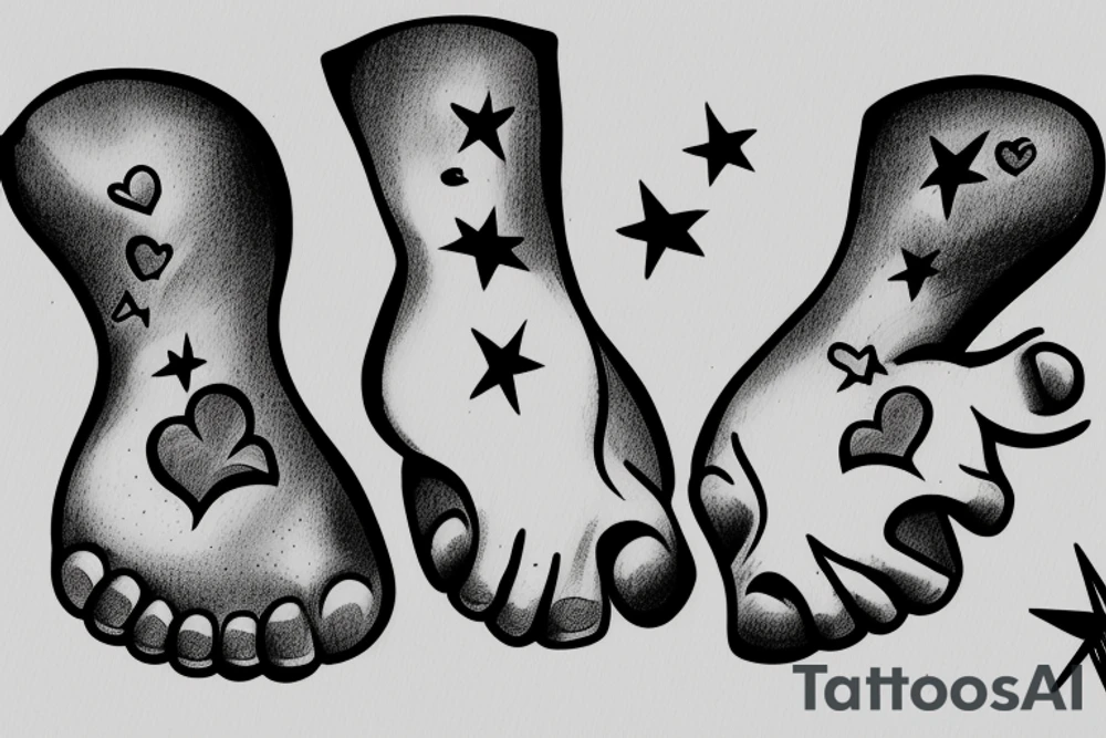 newborn's foot and hand, hearts, stars tattoo idea