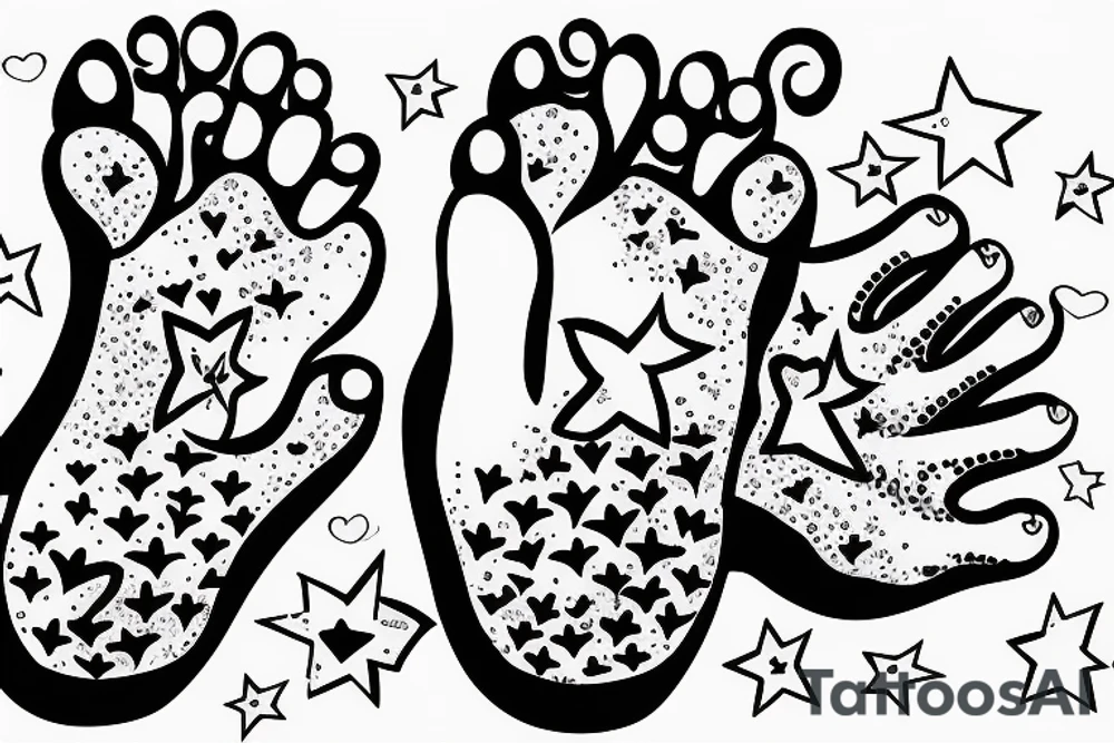 newborn's foot and hand, hearts, stars tattoo idea