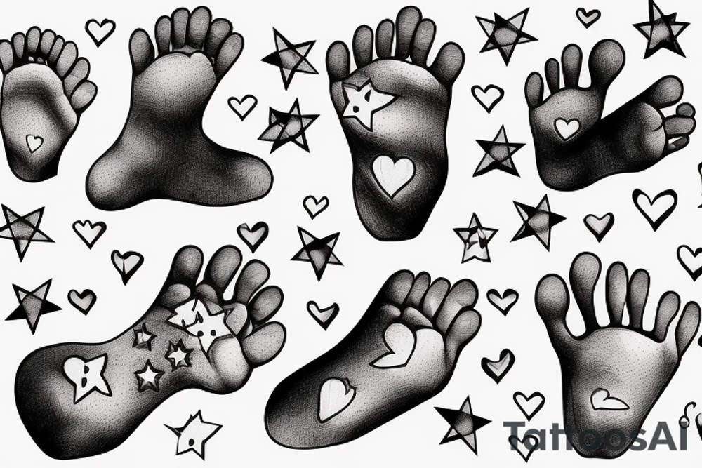 newborn's foot and hand, hearts, stars tattoo idea