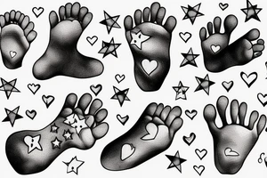 newborn's foot and hand, hearts, stars tattoo idea