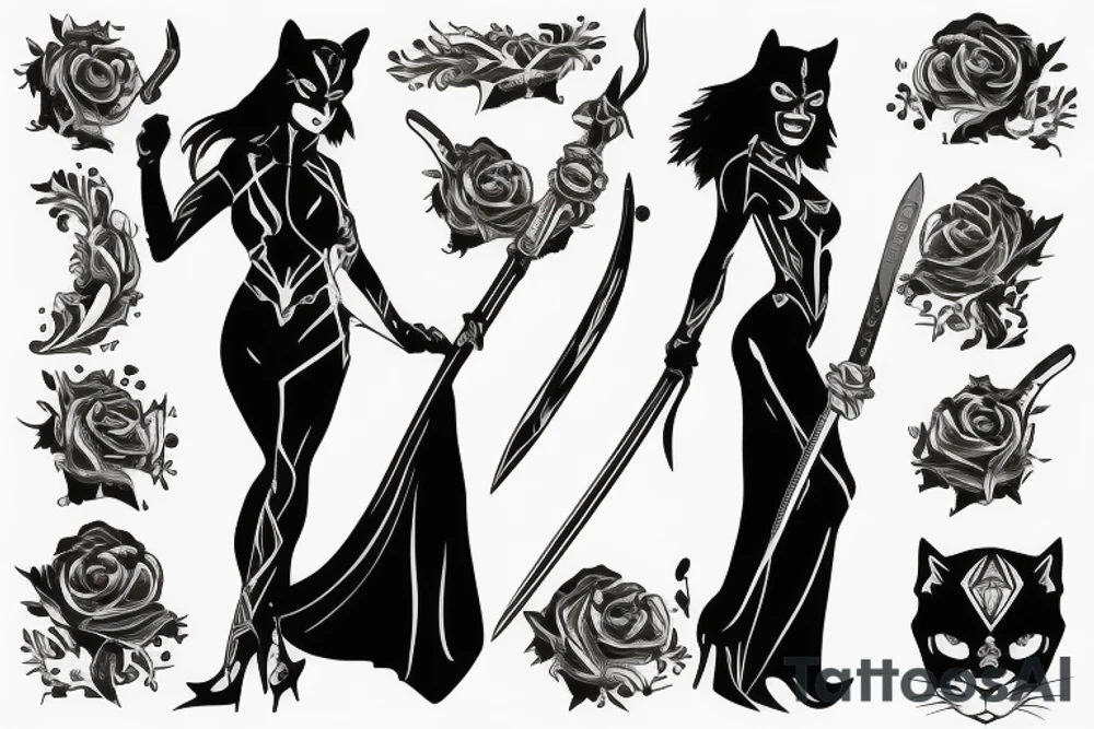 Panther woman, standing with her back, in high heels in a long dress, with a sword in her right hand tattoo idea