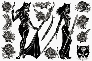Panther woman, standing with her back, in high heels in a long dress, with a sword in her right hand tattoo idea