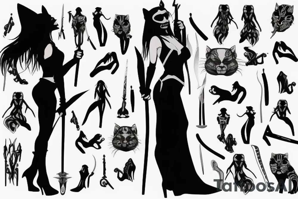 Panther woman, standing with her back, in high heels in a long dress, with a sword in her right hand tattoo idea