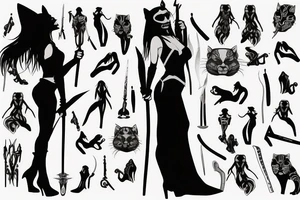 Panther woman, standing with her back, in high heels in a long dress, with a sword in her right hand tattoo idea