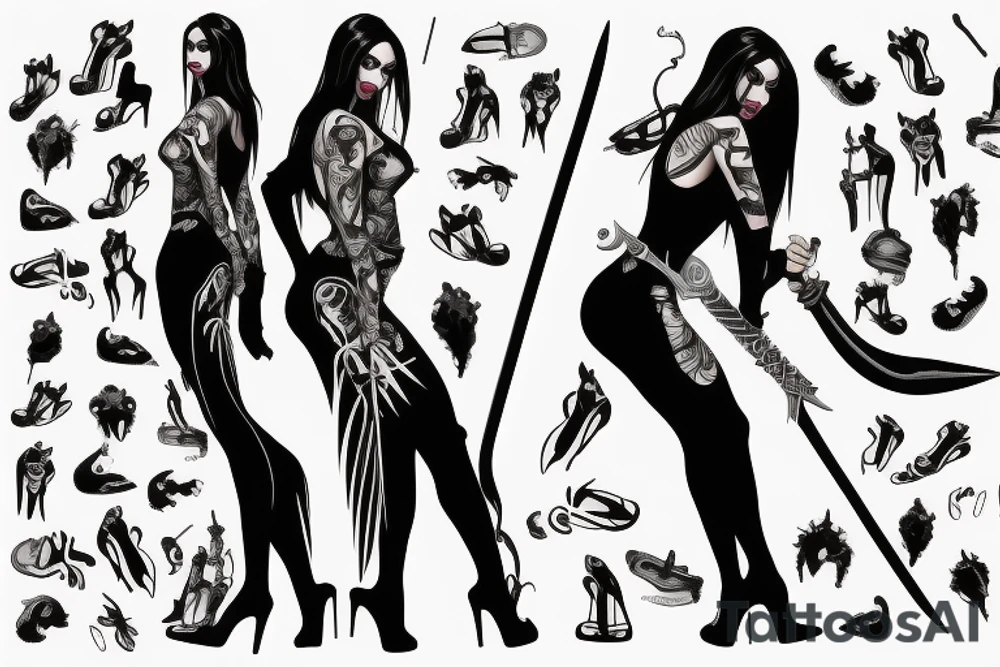 Panther woman, standing with her back, in high heels in a long dress, with a sword in her right hand tattoo idea