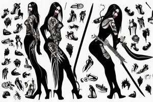 Panther woman, standing with her back, in high heels in a long dress, with a sword in her right hand tattoo idea