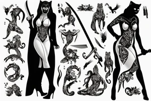 Panther woman, standing with her back, in high heels in a long dress, with a sword in her right hand tattoo idea