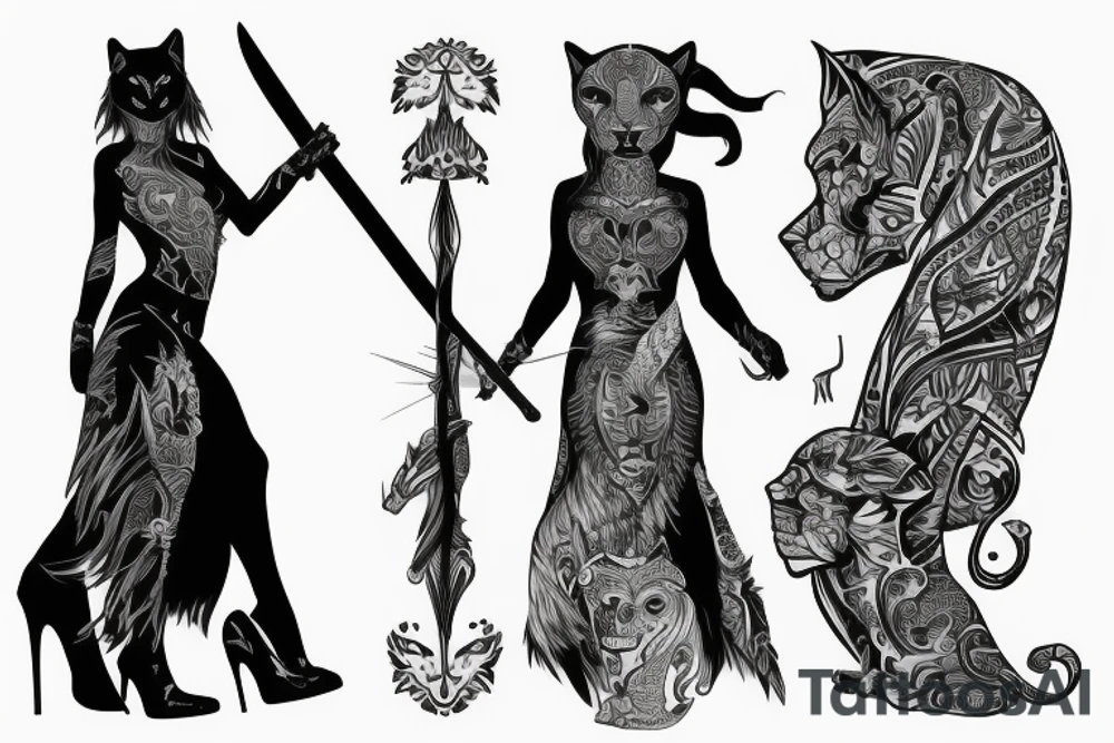 Panther woman, standing with her back, in high heels in a long dress, with a sword in her right hand tattoo idea