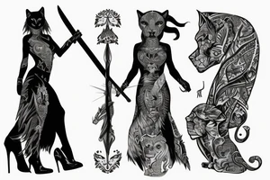 Panther woman, standing with her back, in high heels in a long dress, with a sword in her right hand tattoo idea